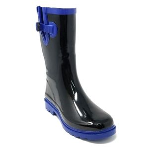Women Mid Calf Rain Boots, #6044, Black / Blue Rim
